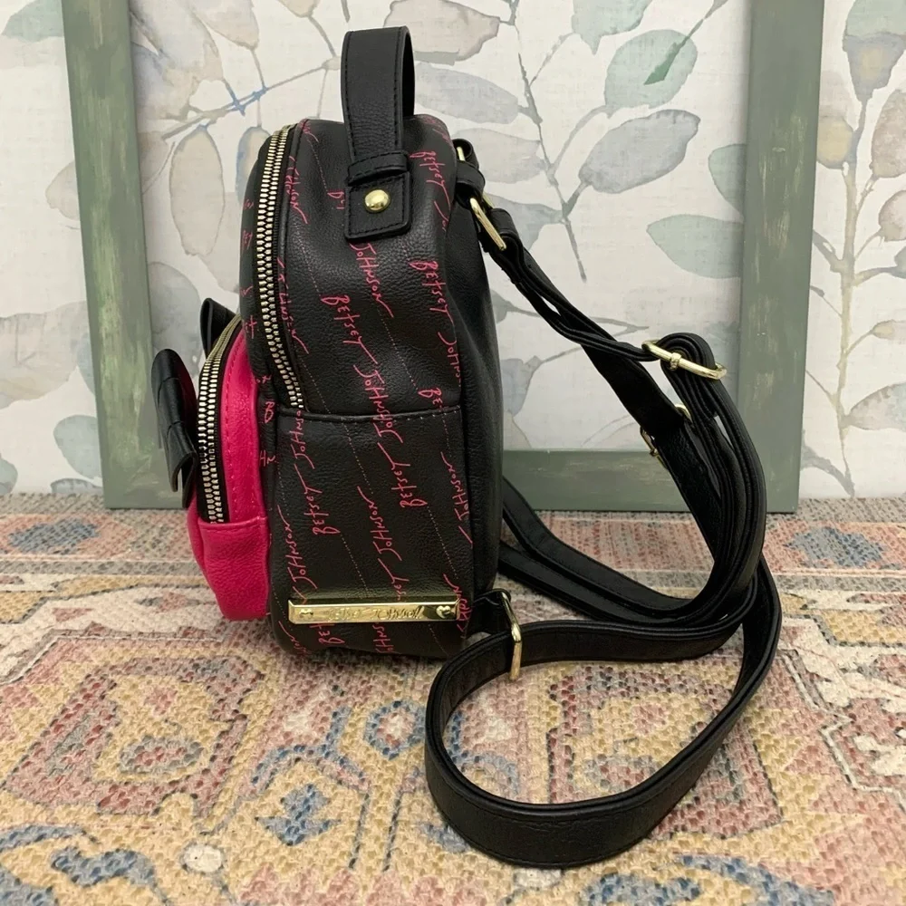 #64 Betsey Johnson Kitsch Puppy Black Pink Mini Backpack Tote Handbag Purse Bag
